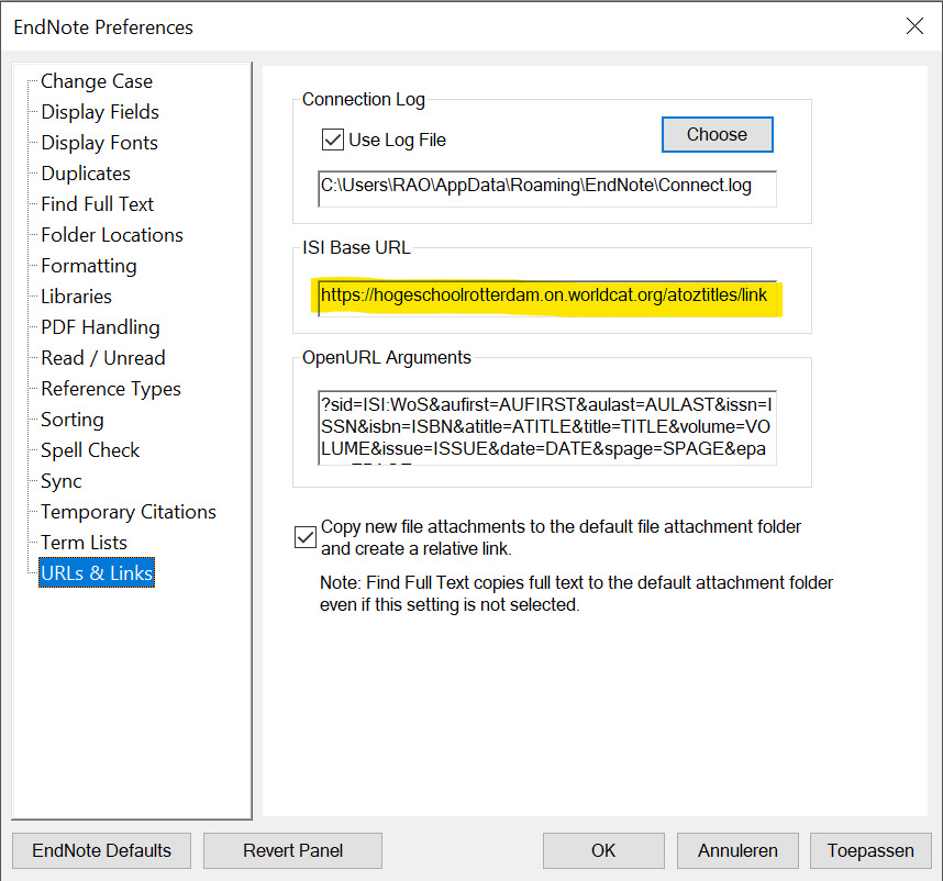 screenshot of EndNote configuration